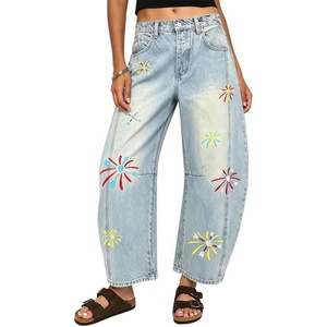 image:imageCHARTOU Boyfriend Barrel Jeans Women Cropped Baggy Jeans Y2k Embroidery Denim Wide Leg Pants PatchworkLight Blue