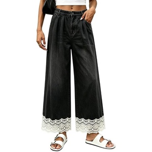 image:imageCHARTOU Women Elastic Waist Baggy Jeans Lace Patchwork Denim Wide Leg Pants Crop Palazzo Jeans with PocketsBlack