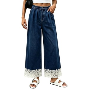 image:imageCHARTOU Women Elastic Waist Baggy Jeans Lace Patchwork Denim Wide Leg Pants Crop Palazzo Jeans with PocketsDark Blue