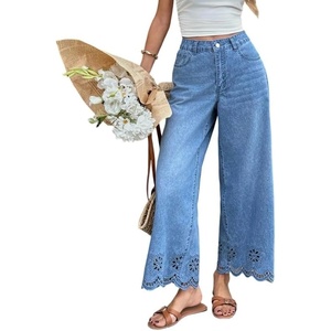image:imageCHARTOU Women Eyelet Embroidered Wide Leg Jeans High Waist Scalloped Straight Cropped Denim Pants with PocketsBlue