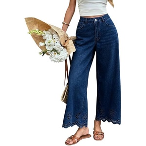 image:imageCHARTOU Women Eyelet Embroidered Wide Leg Jeans High Waist Scalloped Straight Cropped Denim Pants with PocketsDark Blue