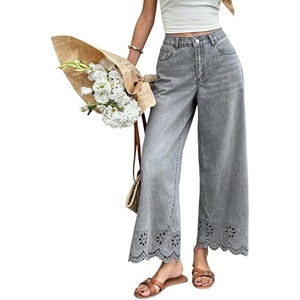 image:imageCHARTOU Women Eyelet Embroidered Wide Leg Jeans High Waist Scalloped Straight Cropped Denim Pants with PocketsGrey