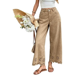 image:imageCHARTOU Women Eyelet Embroidered Wide Leg Jeans High Waist Scalloped Straight Cropped Denim Pants with PocketsKhaki