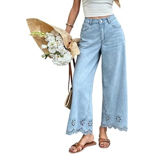 image:imageCHARTOU Women Eyelet Embroidered Wide Leg Jeans High Waist Scalloped Straight Cropped Denim Pants with PocketsLight Blue