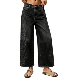 image:imageCHARTOU Women Floral Boho Wide Leg Denim Pants Summer Back Elastic Waist Crop Baggy Paisley JeansBlack