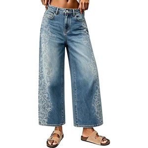image:imageCHARTOU Women Floral Boho Wide Leg Denim Pants Summer Back Elastic Waist Crop Baggy Paisley JeansBlue