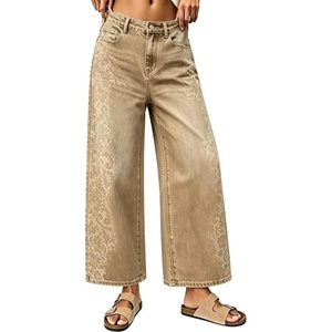 image:imageCHARTOU Women Floral Boho Wide Leg Denim Pants Summer Back Elastic Waist Crop Baggy Paisley JeansKhaki