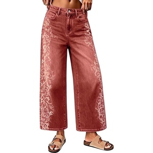 image:imageCHARTOU Women Floral Boho Wide Leg Denim Pants Summer Back Elastic Waist Crop Baggy Paisley JeansRed