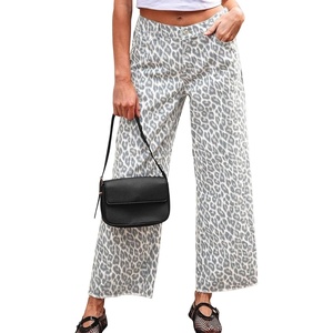 image:imageCHARTOU Women Leopard Wide Leg Jeans Baggy Elastic Waist Frayed Hem Denim Cheetah Print Pants with PocketsGrey