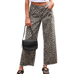image:imageCHARTOU Women Leopard Wide Leg Jeans Baggy Elastic Waist Frayed Hem Denim Cheetah Print Pants with PocketsLeopard