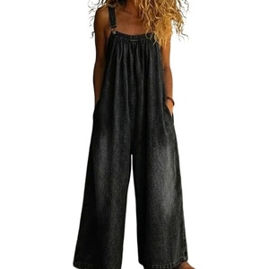 image:imageCHARTOU Women Wide Leg Denim Overalls Flowy Baggy Jeans Loose Adjustable Strap Cropped Jumpsuit with PocketsBlack