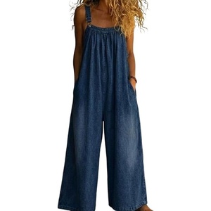 image:imageCHARTOU Women Wide Leg Denim Overalls Flowy Baggy Jeans Loose Adjustable Strap Cropped Jumpsuit with PocketsDark Blue