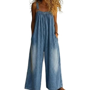 image:imageCHARTOU Women Wide Leg Denim Overalls Flowy Baggy Jeans Loose Adjustable Strap Cropped Jumpsuit with PocketsLight Blue