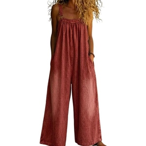 image:imageCHARTOU Women Wide Leg Denim Overalls Flowy Baggy Jeans Loose Adjustable Strap Cropped Jumpsuit with PocketsRed