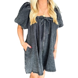 image:imageCHARTOU Womens Short Puff Sleeve Bow Babydoll Jean Romper Denim Jumper Dress with PocketsBlack