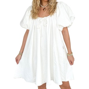 image:imageCHARTOU Womens Short Puff Sleeve Bow Babydoll Jean Romper Denim Jumper Dress with PocketsWhite