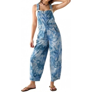 image:imageCHARTOU Womens Tie Dye Denim Overalls Loose Fit Barrel Leg Crop Pants Summer Casual Adjustable Straps Bib Jean JumpsuitBlue