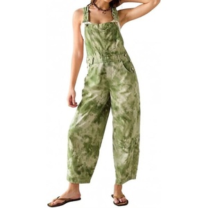 image:imageCHARTOU Womens Tie Dye Denim Overalls Loose Fit Barrel Leg Crop Pants Summer Casual Adjustable Straps Bib Jean JumpsuitGreen