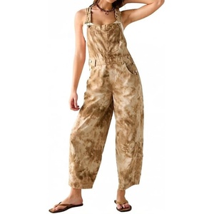 image:imageCHARTOU Womens Tie Dye Denim Overalls Loose Fit Barrel Leg Crop Pants Summer Casual Adjustable Straps Bib Jean JumpsuitKhaki