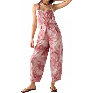 image:imageCHARTOU Womens Tie Dye Denim Overalls Loose Fit Barrel Leg Crop Pants Summer Casual Adjustable Straps Bib Jean JumpsuitPink