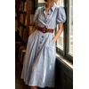 image:imageCHARTOU Womens Puff Sleeve Button Down Midi Dress Summer Casual Cotton Linen Belted Shirt Vacation Dress with PocketsBlue