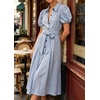image:imageCHARTOU Womens Puff Sleeve Button Down Midi Dress Summer Casual Cotton Linen Belted Shirt Vacation Dress with PocketsBlue