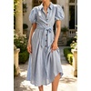 image:imageCHARTOU Womens Puff Sleeve Button Down Midi Dress Summer Casual Cotton Linen Belted Shirt Vacation Dress with PocketsBlue
