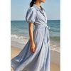 image:imageCHARTOU Womens Puff Sleeve Button Down Midi Dress Summer Casual Cotton Linen Belted Shirt Vacation Dress with PocketsBlue