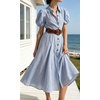 image:imageCHARTOU Womens Puff Sleeve Button Down Midi Dress Summer Casual Cotton Linen Belted Shirt Vacation Dress with PocketsBlue
