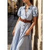 image:imageCHARTOU Womens Puff Sleeve Button Down Midi Dress Summer Casual Cotton Linen Belted Shirt Vacation Dress with PocketsBlue
