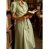 image:imageCHARTOU Womens Puff Sleeve Button Down Midi Dress Summer Casual Cotton Linen Belted Shirt Vacation Dress with PocketsGreen