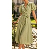 image:imageCHARTOU Womens Puff Sleeve Button Down Midi Dress Summer Casual Cotton Linen Belted Shirt Vacation Dress with PocketsGreen