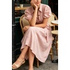 image:imageCHARTOU Womens Puff Sleeve Button Down Midi Dress Summer Casual Cotton Linen Belted Shirt Vacation Dress with PocketsPink