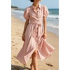 image:imageCHARTOU Womens Puff Sleeve Button Down Midi Dress Summer Casual Cotton Linen Belted Shirt Vacation Dress with PocketsPink