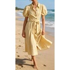 image:imageCHARTOU Womens Puff Sleeve Button Down Midi Dress Summer Casual Cotton Linen Belted Shirt Vacation Dress with PocketsYellow