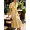 image:imageCHARTOU Womens Puff Sleeve Button Down Midi Dress Summer Casual Cotton Linen Belted Shirt Vacation Dress with PocketsYellow
