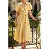 image:imageCHARTOU Womens Puff Sleeve Button Down Midi Dress Summer Casual Cotton Linen Belted Shirt Vacation Dress with PocketsYellow