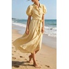 image:imageCHARTOU Womens Puff Sleeve Button Down Midi Dress Summer Casual Cotton Linen Belted Shirt Vacation Dress with PocketsYellow