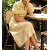image:imageCHARTOU Womens Puff Sleeve Button Down Midi Dress Summer Casual Cotton Linen Belted Shirt Vacation Dress with PocketsYellow