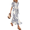 image:imageCHARTOU Women Button Down Maxi Dress Drawstring Puff Sleeve Shirt Vacation DressesNavy