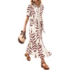 image:imageCHARTOU Women Button Down Maxi Dress Drawstring Puff Sleeve Shirt Vacation DressesRed