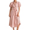 image:imageCHARTOU Womens Puff Sleeve Button Down Midi Dress Summer Casual Cotton Linen Belted Shirt Vacation Dress with PocketsPink