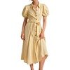 image:imageCHARTOU Womens Puff Sleeve Button Down Midi Dress Summer Casual Cotton Linen Belted Shirt Vacation Dress with PocketsYellow