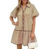 image:imageCHARTOU Womens Striped Shirt Dress Loose Button Down Puff Sleeve Short Shift DressBrown