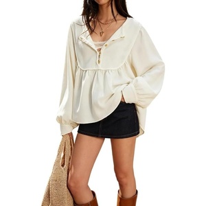 image:imageCHARTOU Women Babydoll Sweatshirt Top Oversized Long Sleeve Buttoned Ruffle PulloverBeige
