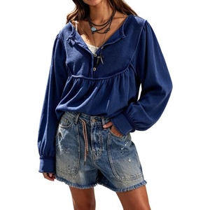 image:imageCHARTOU Women Babydoll Sweatshirt Top Oversized Long Sleeve Buttoned Ruffle PulloverNavy Blue