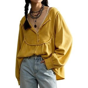 image:imageCHARTOU Women Babydoll Sweatshirt Top Oversized Long Sleeve Buttoned Ruffle PulloverYellow