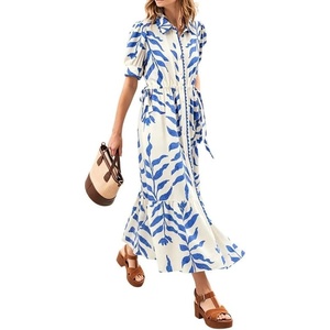 image:imageCHARTOU Women Button Down Maxi Dress Drawstring Puff Sleeve Shirt Vacation DressesBlue