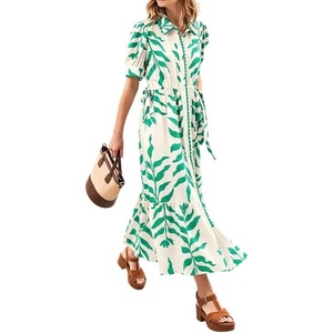image:imageCHARTOU Women Button Down Maxi Dress Drawstring Puff Sleeve Shirt Vacation DressesGreen