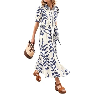 image:imageCHARTOU Women Button Down Maxi Dress Drawstring Puff Sleeve Shirt Vacation DressesNavy